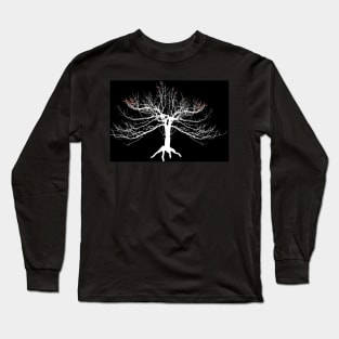 White bare tree with a few red remaining leaves on black background Long Sleeve T-Shirt